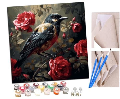 SENDJJ Malen Nach Zahlen Erwachsene Roter Vogel und Rosen (5) Paint by Numbers diy GemäLde Kit mit Pinsel und Acrylfarbe Als Geschenk für Wanddeko Groß 40x40cm von SENDJJ