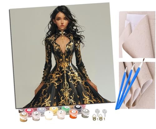 SENDJJ Malen Nach Zahlen Erwachsene Schwarz-goldenes Kleid Mädchen (1) DIY Handgemalt Ölgemälde Leinwand Kits Mit Pinsels und Acrylfarbe Als Geschenke und Heimdekoration Ohne Rahmen 40 x 40 cm von SENDJJ