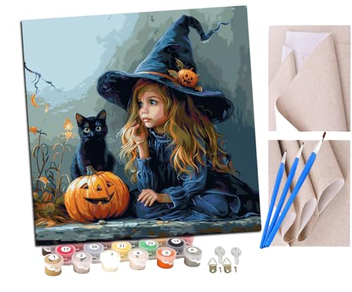 SENDJJ Malen Nach Zahlen Erwachsene Süße Hexe und schwarze Katze (12) Paint by Numbers diy GemäLde Kit mit Pinsel und Acrylfarbe Als Geschenk für Wanddeko Groß 40x40cm von SENDJJ
