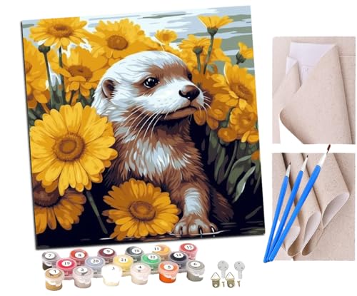 SENDJJ Malen Nach Zahlen Erwachsene Weiße Otter-Sonnenblume (7) DIY Handgemalt Ölgemälde Leinwand Kits Mit Pinsels und Acrylfarbe Als Geschenke und Heimdekoration Ohne Rahmen 40 x 40 cm von SENDJJ