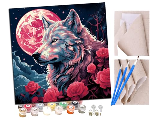 SENDJJ Malen Nach Zahlen Erwachsene Wolf und Rose Zaubermond (5) DIY Handgemalt Ölgemälde Leinwand Kits Mit Pinsels und Acrylfarbe Als Geschenke und Heimdekoration Ohne Rahmen 40 x 40 cm von SENDJJ