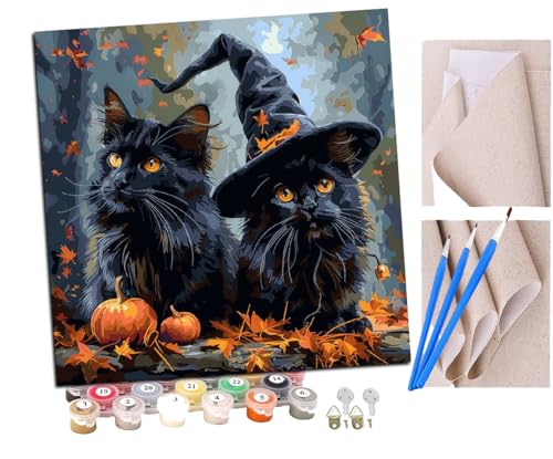 SENDJJ Malen Nach Zahlen Erwachsene Zwei magische Hexenkatzen im Wald (4) DIY Handgemalt Ölgemälde Leinwand Kits Mit Pinsels und Acrylfarbe Als Geschenke und Heimdekoration Ohne Rahmen 40 x 40 cm von SENDJJ