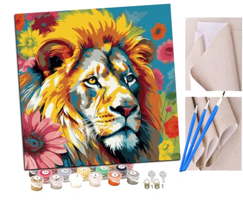 SENDJJ Malen Nach Zahlen Erwachsene brüllender Löwe Blumenfeld (2) DIY Handgemalt Ölgemälde Leinwand Kits Mit Pinsels und Acrylfarbe Als Geschenke und Heimdekoration Ohne Rahmen 40 x 40 cm von SENDJJ