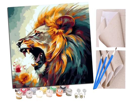 SENDJJ Malen Nach Zahlen Erwachsene brüllender Löwe Blumenfeld (3) DIY Handgemalt Ölgemälde Leinwand Kits Mit Pinsels und Acrylfarbe Als Geschenke und Heimdekoration Ohne Rahmen 40 x 40 cm von SENDJJ