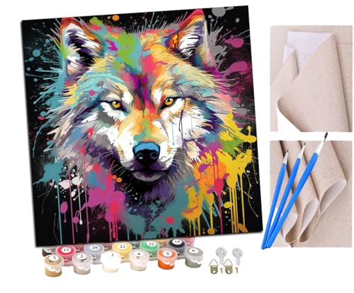 SENDJJ Malen Nach Zahlen Erwachsene bunte Graffiti-Wolf-Kunst (3) DIY Handgemalt Ölgemälde Leinwand Kits Mit Pinsels und Acrylfarbe Als Geschenke und Heimdekoration Ohne Rahmen 40 x 40 cm von SENDJJ