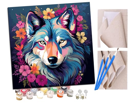 SENDJJ Malen Nach Zahlen Erwachsene bunter rosa Blumen- und Federwolf (10) Paint by Numbers diy GemäLde Kit mit Pinsel und Acrylfarbe Als Geschenk für Wanddeko Groß 40x40cm von SENDJJ