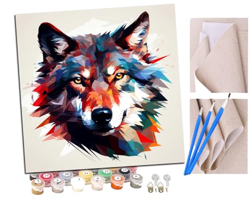 SENDJJ Malen Nach Zahlen Erwachsene buntes Tier Wolf (2) Bastelset Erwachsene Gemälde Leinwand 40x40 cm Mit Farbe und Pinsel - Geschenke und Maldekorationen von SENDJJ