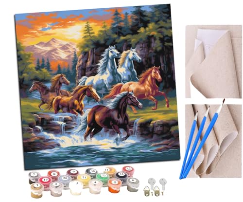 SENDJJ Malen Nach Zahlen Erwachsene springende Pferde Regenbogen Wasserfälle (1) Bastelset Erwachsene Gemälde Leinwand 40x40 cm Mit Farbe und Pinsel - Geschenke und Maldekorationen von SENDJJ