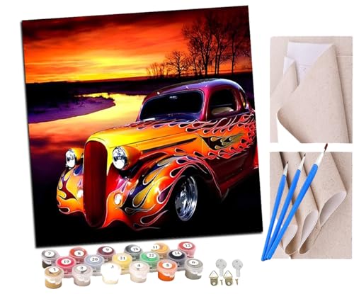 SENDJJ Malen nach Zahlen Feuer Retro Auto Kits für Anfänger Erwachsene DIY Art Decor Handgemalte Malerei nach Zahlen Kreatives Geschenk Home Decoration 16x16 Zoll von SENDJJ