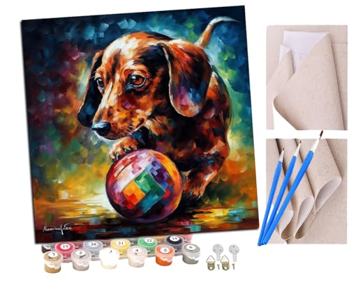 SENDJJ Malen nach Zahlen Kits Erwachsene und Kinder Dackel spielt Ball bunt (1) DIY Ölgemälde Digitale Leinwand Wandkunst Home Decoration - 40x40CM von SENDJJ