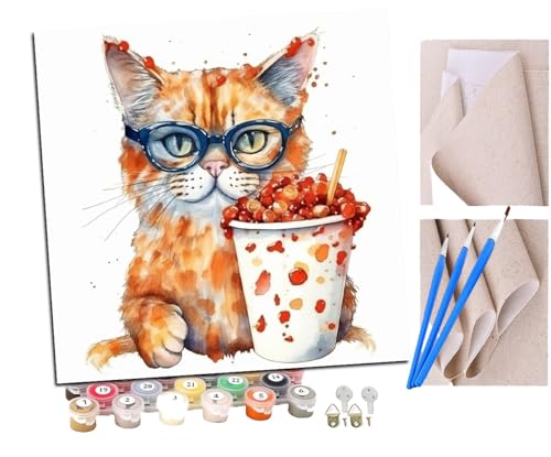 SENDJJ Malen nach Zahlen Kits Erwachsene und Kinder Katze mit Brille Popcorn (12) DIY Ölgemälde Digitale Leinwand Wandkunst Home Decoration - 40x40CM von SENDJJ