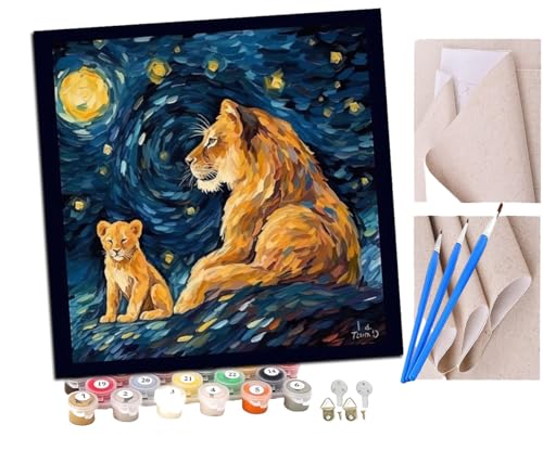 SENDJJ Malen nach Zahlen Kits Erwachsene und Kinder Löwe und Löwenjunges Blume Sternenhimmel (8) DIY Ölgemälde Digitale Leinwand Wandkunst Home Decoration - 40x40CM von SENDJJ