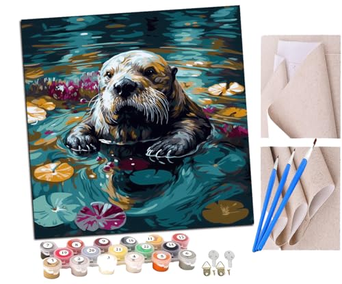 SENDJJ Malen nach Zahlen Seeotter-Lotusteich (7) Kits für Anfänger Erwachsene DIY Art Decor Handgemalte Malerei nach Zahlen Kreatives Geschenk Home Decoration 16x16 Zoll von SENDJJ