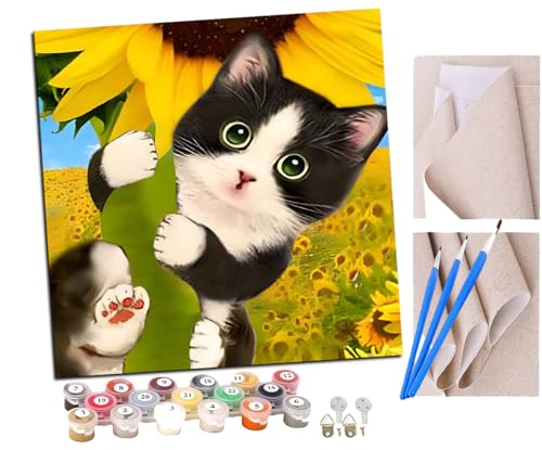 SENDJJ Malen nach Zahlen SonnenblumeKatze Tier Kits für Anfänger Erwachsene DIY Art Decor Handgemalte Malerei nach Zahlen Kreatives Geschenk Home Decoration 16x16 Zoll von SENDJJ