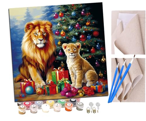 SENDJJ Malen nach Zahlen Weihnachtsbaum mit Löwe und Löwenjungem (17) Kits für Anfänger Erwachsene DIY Art Decor Handgemalte Malerei nach Zahlen Kreatives Geschenk Home Decoration 16x16 Zoll von SENDJJ