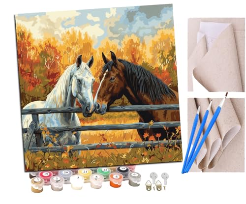 SENDJJ Malen nach Zahlen Zwei Pferdepaare auf dem Bauernhof (8) Kits für Anfänger Erwachsene DIY Art Decor Handgemalte Malerei nach Zahlen Kreatives Geschenk Home Decoration 16x16 Zoll von SENDJJ