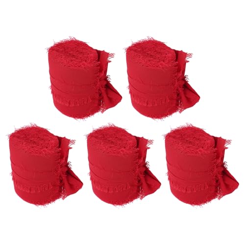 SENECESLI Rotes Chiffonband, 5 Rollen Rotes Handgefertigtes Fransen Chiffon Seidenband, Rotes Fransen Chiffonband, Dekoratives Band für Hochzeitseinladungen, Brautsträuße, Geschenkverpackung von SENECESLI