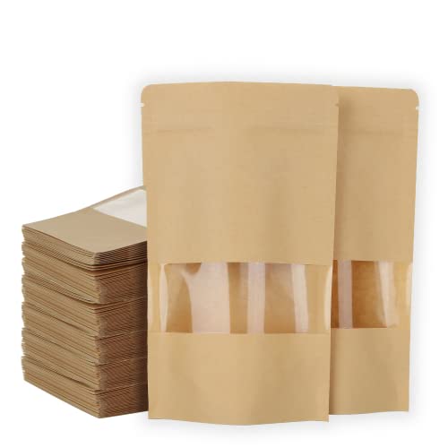 SENENQU 200 Pcs Papiertüten Mit Fenster, 12×20CM Standbodenbeutel Kraftpapier, Kraftpapiertüten Mit Klarem Fenster für Nüsse Und Lebensmittel Verwendet von SENENQU