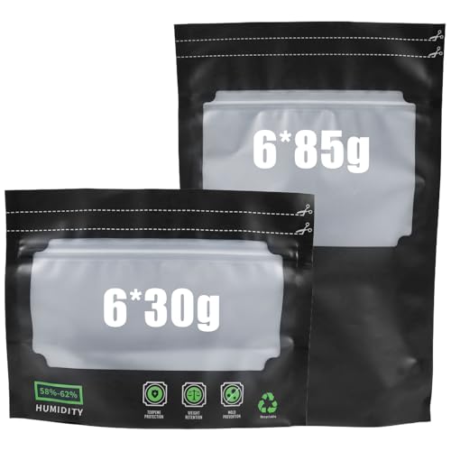 12 Stück Wiederverwendbare Aufbewahrungsbeutel (30gx6, 85gx6), Dry Ferm Bag, Luftdichte Aufbewahrungsbeutel mit Geruchskontrolle & UV-Schutz, Beutel mit Integrierter Feuchtigkeitskontrolle (58-62%) von SENLINLIN