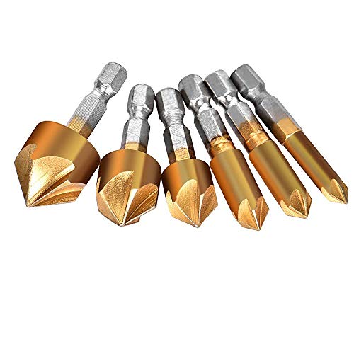 Sensise HSS Kegelsenker Bohrer-Set, 6-teilig, 5 Flöten, 90 Grad, Mittelstanzwerkzeug-Sets für Holz, Schnellwechsel-Bits Größe 6 mm, 8 mm, 12 mm, 16 mm, 19 mm Sensise HSS Kegelsenker Bohrer-Set, 6-teilig, 5 Flöten, 90 Grad, Mittelstanzwerkzeug-Sets für Holz, Schnellwechsel-Bits Größe 6 mm, 8 mm, 12 mm, 16 mm, 19 mm von SENRISE