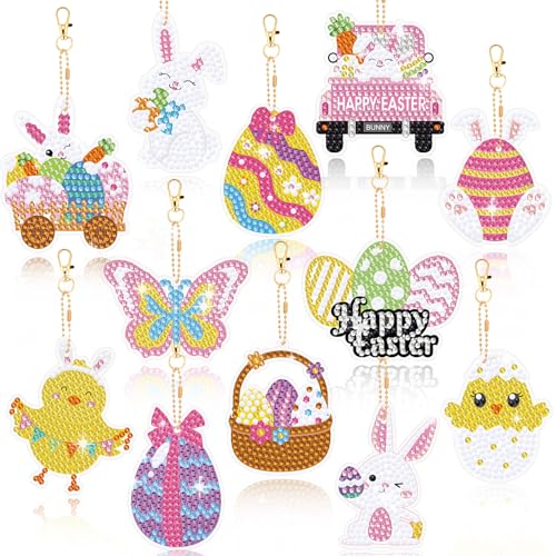 SEPGLITTER Diamond Kunst Painting Anhänger Ostern, 12 Stück 5D Diamand Kunst Painting Schlüsselanhänger DIY Diamond Kunst Painting Set zum Aufhängen DIY Bastelgeschenke Ostern Dekoration von SEPGLITTER