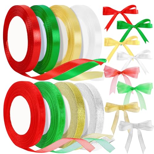 Weihnachtsband, Geschenkband Weihnachten, 27m 8 Rollen, Geschenkverpackungsband für Weihnachtsfeier, Dekoration, DIY-Bastelbedarf (Rot, Grün, Gold, Silber, Weiß) von SEPGLITTER