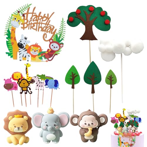 Tortendeko Set Waldtiere – 1 großes Tierblatt, 3 Tierfiguren (Elefant, Affe, Löwe), 7 kleine Tierstecker, 4 Filzbäume, 1 Wolkenstecker – Wiederverwendbar, ungiftig, ideal für Kindergeburtsta von SEPWGUMD