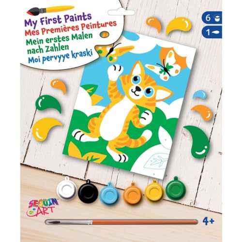 MAMMUT 8342014 - Mein erstes Malen nach Zahlen Katze, Komplettset mit bedruckter Malvorlage ca. 18,5 x 25 cm, Anfänger Set mit 6 Acrylfarben und Pinsel, Tiermotiv Malset für Kinder ab 4 Jahre von Mammut Spiel & Geschenk