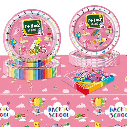 SERTAS 61 Teile Einschulung Partygeschirr Set , 20 Personen Einschulung Deko Zubehör für Die Schule, Blau Rosa ABC Schulanfang Deko für Jungen Und MäDchen von SERTAS