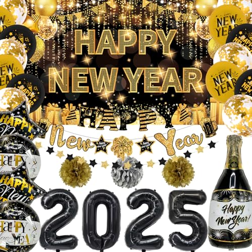 Silvester Party Deko Set 2025, Schwarz-Gold Banner, 2025 Luftballons, 25-teilig, Neujahr Dekorationen von SERTAS