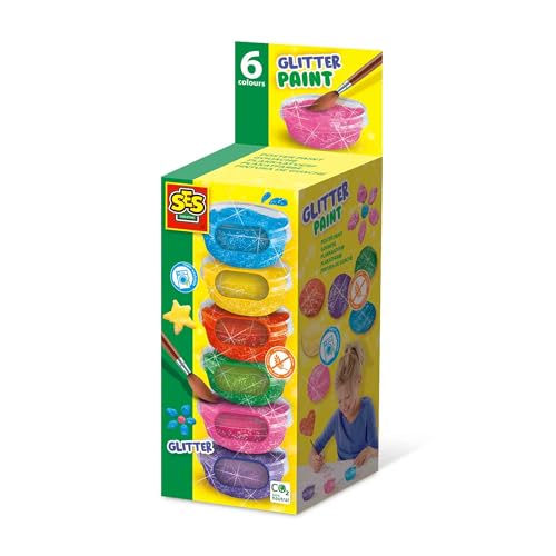 SES Creative | Waschbare Glitzerfarbe für Kinder | 6 Dosen 45ml Rosa Violett Gelb Blau | Manuelle Aktivität 3 Jahre + | Kreatives Malset | Künstlerische Geschenkidee für Kinder von SES Creative