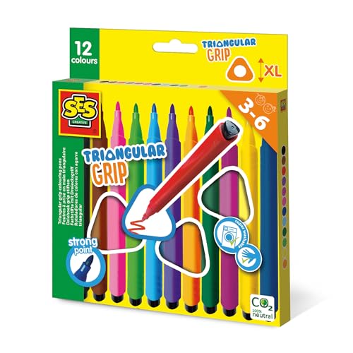 SES Creative 14696 - Dreikant Filzstifte, 12 praktische dicke Stifte mit ergonomischem Griff, Für Kinder ab 3 Jahren von SES Creative