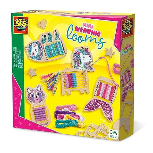 SES Creative | Kit Mini Holzwebstühle | Manuelle Aktivität 6 Jahre + | Textiles Gestalten für Kinder | 6 Stickgarne & Glitzersticker | Kreatives DIY-Spiel | Geschenkidee Mädchen Jungen von SES Creative