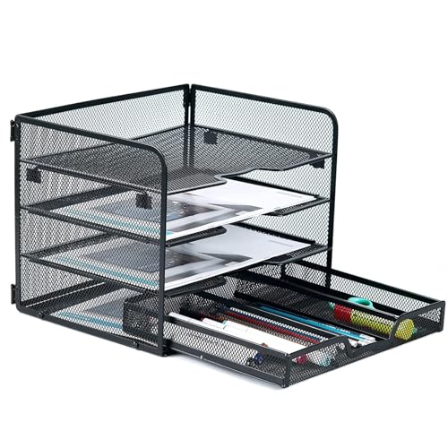 SETTFRFE Briefablage aus Netzstoff, 4-stöckig, Schreibtisch-Organizer mit Einer verschiebbaren Schublade, Bürobedarf, Schreibtisch-Organizer für Heimbüro, schwarz. von SETTFRFE