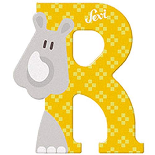 Sevi 83018 Tier Holzbuchstaben R Rhinozeros ca. 10 cm, Türbuchstaben für Kinderzimmer, ABC Lernspielzeug aus Holz, pädagogisches Spielzeug für Kinder ab 3 Jahren, Buchstabe Tiere, Gelb von Sevi