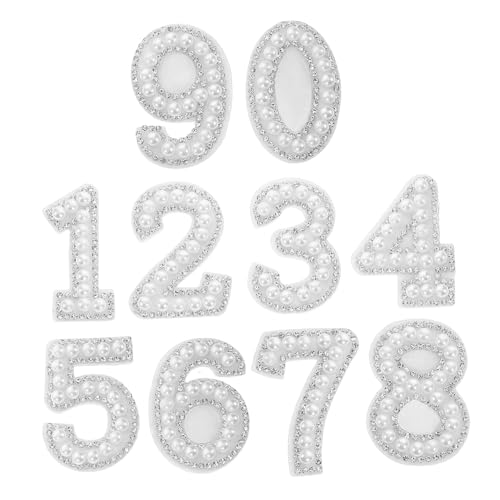 SEWACC 10 Stück Teiliges Weiße Zahlen Aufnäher Perlen und Strass Bügelbilder für Kleidung Hüte und DIY Projekte Selbstklebende Applikationen Glänzende Effekte für Kreative Näharbeiten von SEWACC