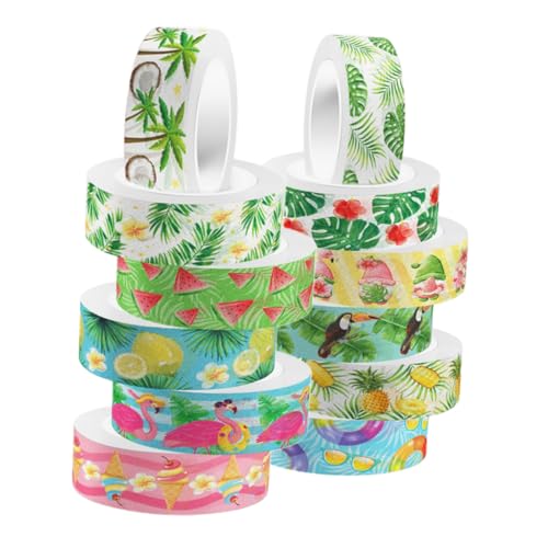 SEWACC 12 Rollen Hawaiian Washi Tape mit Flamingo Transparent Handreißbar Dekoratives Bastelband für Scrapbooking DIY Geschenkverpackung Tagebuchgestaltung und Bürobedarf von SEWACC