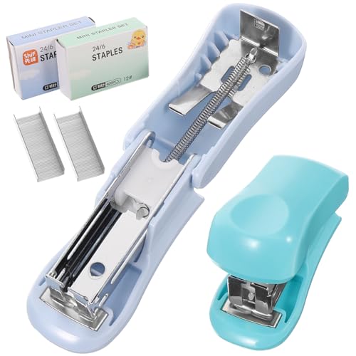 SEWACC 2 Sätze Mini Heftklammer Teilig Leicht Langlebig für Büro Schule Zuhause Tragbar Design in Blau und Grün Robustes Desktop Zubehör als von SEWACC