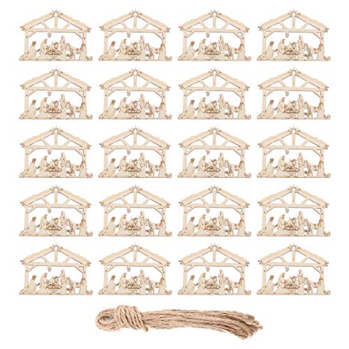 SEWACC 20 Stück Teiliges Set Holz Dekorationsanhänger für Weihnachten Krippenszene Ornament Hausform Wiederverwendbar für Tür Fenster und Weihnachtsbaum Beige Holzverzierung für Festliche von SEWACC