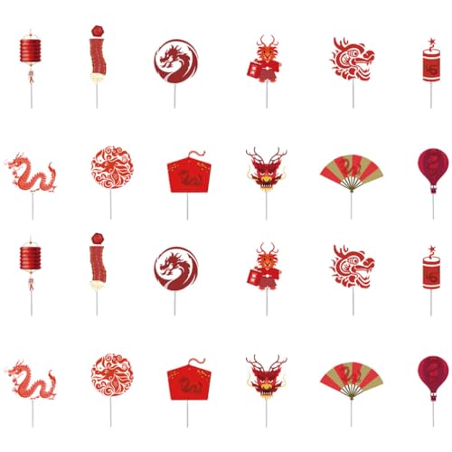 SEWACC 24 Stück Chinesische Neujahrs-Cupcake-Topper Glückliches Mondjahr Cupcake-Picks 2024 Jahr Des Drachen Party-Kuchen-Topper Kuchen-Topper Für Chinesisches Frühlingsfest Partyzubehör von SEWACC