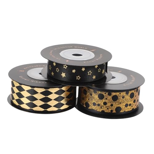 SEWACC 3 Rollen Premium Polyester Geschenkband Schwarz mit Goldprägung Vielseitiges Geschenkverpackungsband für Geburtstage Blumen DIY Dekoration Langlebig und von SEWACC
