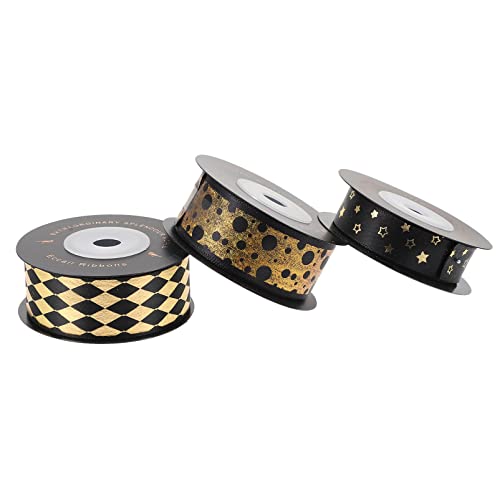 SEWACC 3 Rollen Premium Schwarzes Polyester Geschenkband mit Hochwertigem Gold Druckdesign für Bastelarbeiten Hochzeit und Geschenkverpackungen Yards pro Rolle SEWACC 3 Rollen Premium Schwarzes Polyester Geschenkband mit Hochwertigem Gold Druckdesign für Bastelarbeiten Hochzeit und Geschenkverpackungen Yards pro Rolle von SEWACC