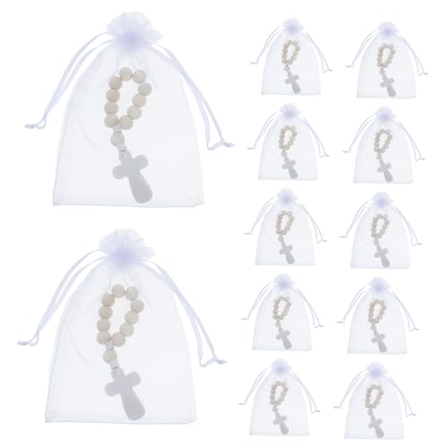 SEWACC 40 Sätze Kleine Holzperlen Armbänder mit Kreuzanhänger Mesh Beutel Katholische Segensarmbänder für Taufe Babyparty Erstkommunion Vielseitige Gastgeschenke von SEWACC