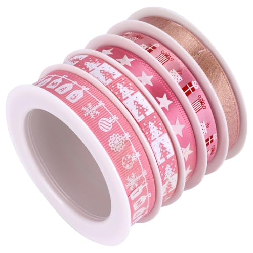 SEWACC 5 Rollen Bedrucktes Weihnachtsband, Weihnachts-satinbänder aus Polyester, Dekoratives Band für Weihnachtsgeschenkverpackungen, Bastelarbeiten, Ornamente (pink) von SEWACC