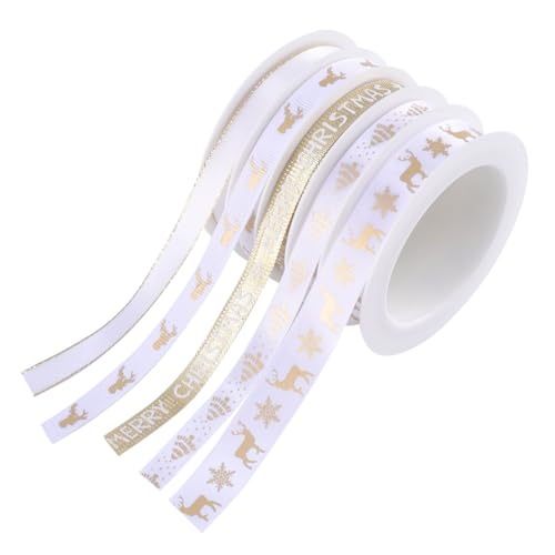 SEWACC 5 Rollen Weihnachtsband mit Aufdruck, Weihnachts-satinbänder aus Polyester, Dekoratives Band für Weihnachtsgeschenkverpackungen, Bastelarbeiten, Ornamente (weiß-golden) von SEWACC
