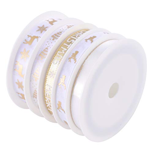 SEWACC 5 Rollen Weihnachtsdruck Band Dekoratives Geschenkband für Diy Bastelprojekte für Hochzeiten und Feiertage Weiß Gold von SEWACC