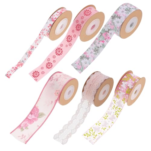 SEWACC 6 Rollen Beidseitiges Polyester Geschenkband mit Blumenmuster Verschleißfestes Zuschneidbares Dekoband für DIY Bastelarbeiten Schleifen Geschenkverpackungen und Festdeko von SEWACC