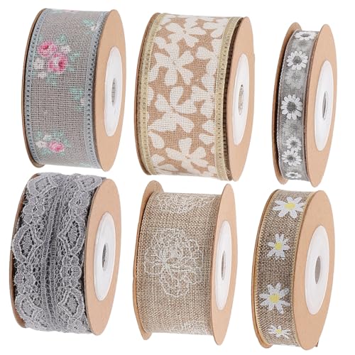 SEWACC 6 Rollen Party Geschenkband mit Zartem Blumenmuster Polyester Spitzenband für Geschenkverpackung DIY Dekoband pro Vielseitig Einsetzbar für Verpackung und Dekoration von SEWACC