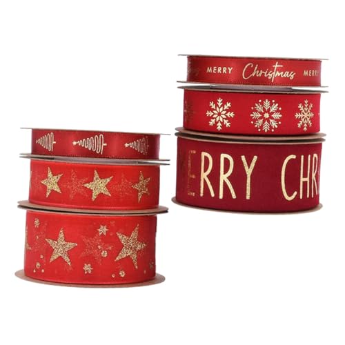 SEWACC 6 Rollen Rotes Weihnachts Satinband mit Goldfolie Breites Chiffon Schleifenband mit Schneepulver für Geschenkverpackung Obstbox Deko Festliche DIY Bastelmaterialien von SEWACC