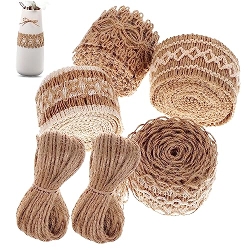 SEWACC 6 Rollen Vintage Spitzenband Leinen Teiliges mit Spitzenborte und Jutebändern für Diy Bastelprojekte Hochzeitsdekoration und Geschenkverpackung von SEWACC